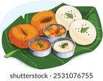 Idli, Vada, and Sambar with Kara and Coconut Chutneys Served on a Whole Banana Leaf. Traditional South Indian Breakfast Cuisine Vector Art 