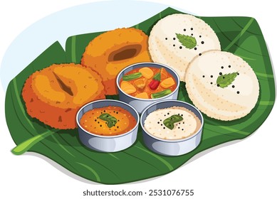 Idli, Vada y Sambar con chutneys de kara y coco servidos en una hoja de plátano entera. Arte vectorial de cocina tradicional del sur de la India 