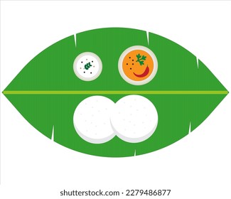 Idly and sambar with banana leaf and Chutney isolated as vector illustration.