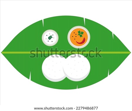 Idly and sambar with banana leaf and Chutney isolated as vector illustration.