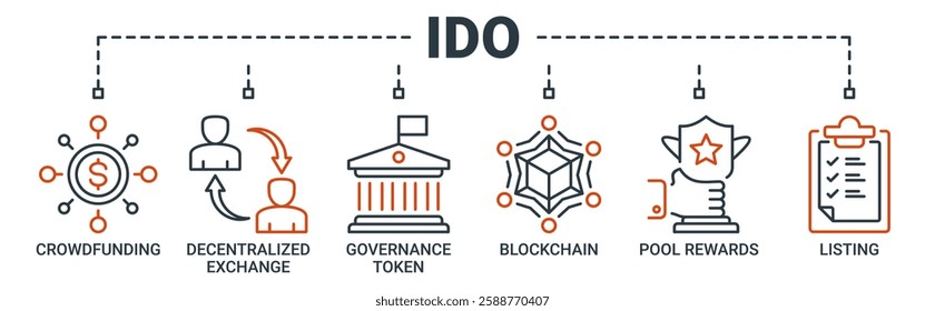 Ido banner web icon vector illustration concept of initial dex offering with icon of crowdfunding, decentralized exchange, governance token, blockchain, smart contract and listing icons outline symbol