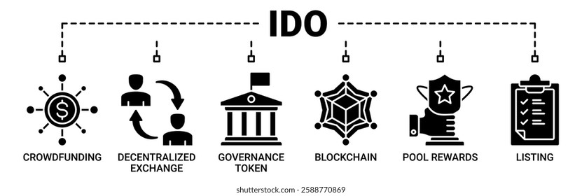 Ido banner web icon vector illustration concept of initial dex offering with icon of crowdfunding, decentralized exchange, governance token, blockchain, smart contract and listing icons solid color.