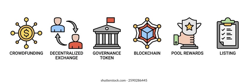 Ido banner web icon vector illustration concept of initial dex offering with icon of crowdfunding, decentralized exchange, governance token, blockchain, smart contract and listing icons outline color
