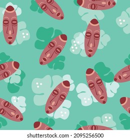 Idol face with leaves, seamless pattern. Flat vector stock illustration, texture. Wooden amelet head. Random face. Endless texture with a totem. Decor for printing