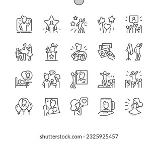 Idol. Famous people, celebrity. Meeting with fans. Influencer, actor, singer, star. Pixel Perfect Vector Thin Line Icons. Simple Minimal Pictogram