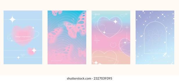 Idol lover posters set. Cute gradient holographic background vector with pastel colors, heart, butterflies, sparkle. Y2k trendy wallpaper design for social media, cards, banner, flyer, brochure.