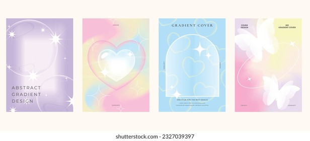 Idol lover posters set. Cute gradient holographic background vector with pastel colors, heart, butterflies, bubble. Y2k trendy wallpaper design for social media, cards, banner, flyer, brochure.