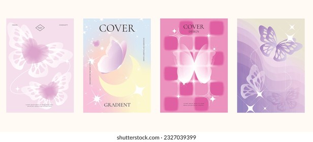 Idol lover posters set. Cute gradient holographic background vector with pastel colors, heart, butterflies, sparkle, moon. Y2k trendy wallpaper design for social media, cards, banner, flyer, brochure.