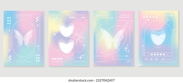 Afiches de los amantes de Idol. Vector de fondo holográfico de gradiente suave con colores pastel, mariposas, corazón, brillo. Diseño de fondo de pantalla de moda para medios sociales, tarjetas, banner, volante, folleto.