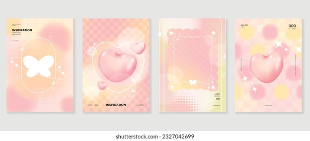 Idol lover posters set. Cute gradient holographic background vector with pastel color, 3d heart, butterflies, halftone. Y2k trendy wallpaper design for social media, cards, banner, flyer, brochure.