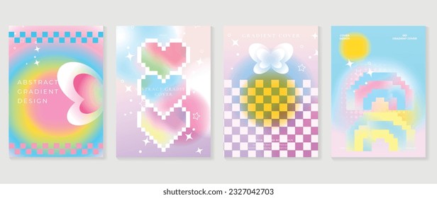 Afiches de los amantes de Idol. Vector de fondo holográfico de gradiente de corte con píxel cardíaco, estrella, mariposas, semitono. Diseño de fondo de pantalla de moda para medios sociales, tarjetas, banner, volante, folleto.