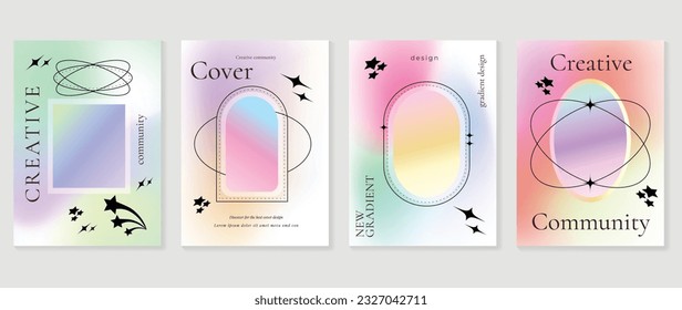 Idol lover posters set. Cute gradient holographic background vector with pastel colors, frame, sparkle, star. Y2k trendy wallpaper design for social media, cards, banner, flyer, brochure.