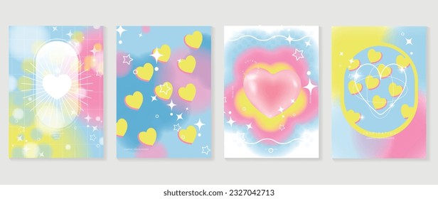 Idol lover posters set. Cute gradient holographic background vector with heart bubble, 3d heart, star, halftone. Y2k trendy wallpaper design for social media, cards, banner, flyer, brochure.