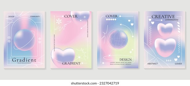 Idol lover posters set. Cute gradient holographic background vector with pastel colors, 3d heart, flower, star, sparkle. Y2k trendy wallpaper design for social media, cards, banner, flyer, brochure.