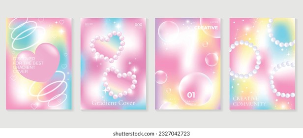 Idol lover posters set. Cute gradient holographic background vector with 3d heart, pearl heart shapes, bubble. sparkle. Y2k trendy wallpaper design for social media, cards, banner, flyer, brochure.