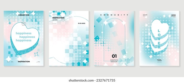 Idol lover posters set. Cute gradient holographic background vector with heart pixel, heart, sparkle, star, halftone. Y2k trendy wallpaper design for social media, cards, banner, flyer, brochure.