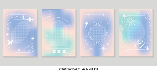 Idol lover posters set. Cute gradient holographic background vector with pastel colors, frame, sparkle, halftone. Y2k trendy wallpaper design for social media, cards, banner, flyer, brochure.