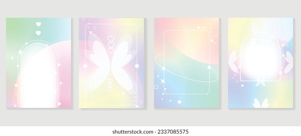 Afiches de los amantes de Idol. Vector de fondo holográfico de gradiente de corte con colores pastel, marco, brillo, mariposa, estrella. Diseño de fondo de pantalla de moda para medios sociales, tarjetas, banner, volante, folleto.