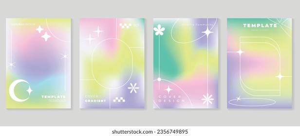 Idol lover posters set. Cute gradient holographic background vector with vibrant colors, sparkle, arrow, flower, moon. Y2k trendy wallpaper design for social media, cards, banner, flyer, brochure.