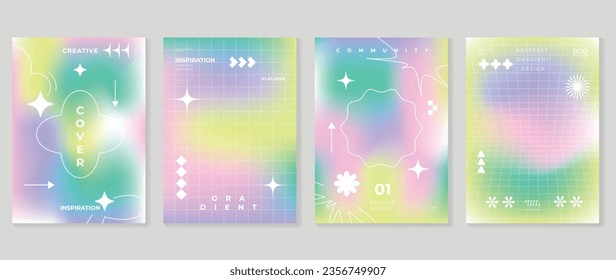 Idol lover posters set. Cute gradient holographic background vector with vibrant colors, sparkle, arrow, flower, border. Y2k trendy wallpaper design for social media, cards, banner, flyer, brochure.