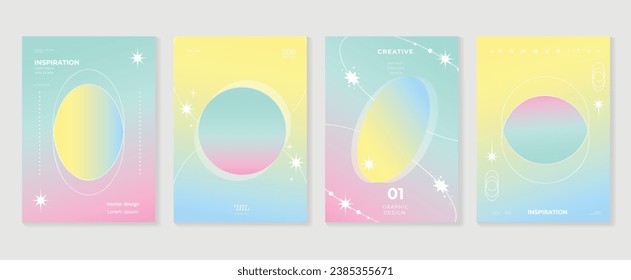 Afiches de los amantes de Idol. Vector de fondo holográfico de gradiente de corte con color pastel, círculo, brillo, borde. Diseño de fondo de pantalla de moda para medios sociales, tarjetas, banner, volante, folleto.