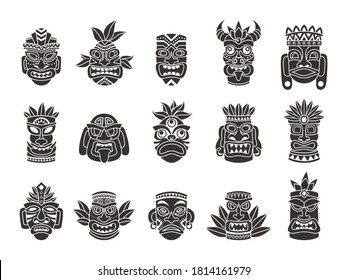 Idol mask. Black silhouette ritual totem tribal god tiki ancient indian or african culture, traditional exotic mayan or aztec wooden symbol, polynesian tattoo pattern face masks vector isolated set