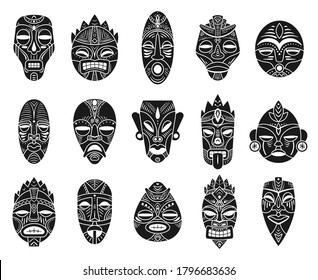 Máscara de ídolos. Tótem ritual hawaii tiki tahitiano monocromo negro, mitología exótica de la cultura tradicional, máscaras vectoriales de ornamento étnico. Máscara tribal de áfrica ceremonial moldeada por la cara humana