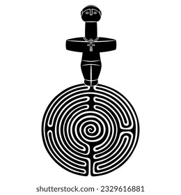 Idol of Pomos on a round spiral maze or labyrinth symbol. Ancient Greek prehistoric figurine from Cyprus. Creative concept. Black and white silhouette.