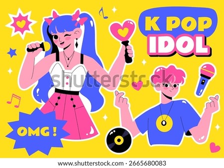 Idol Trend Vector Illustration Featuring K pop and Korean idols with bands that Popularize Certain Trends on Social Media in a Flat Style Background