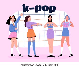 Idols girls concept. K pop musical band in skirts. Marketing and promotion of musical band. Popular and trendy artists. Poster or banner. Cartoon flat vector illustration isolated on pink background