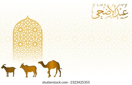 Idul  Adha, Eid Mubarok with teks space area with the silhouette of a goat, a camel, a cow
