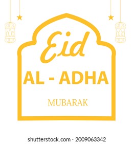 IDUL ADHA SALUDA EN FORMA DE UN MARCO MEZQUITA CON TEXTO. Imagen MINIMALISTA DE COLOR ORO. Fiesta musulmana sacrificando animales a Dios, concepto de tarjeta de felicitación Eid al-Adha, ilustración de diseño de imágenes

