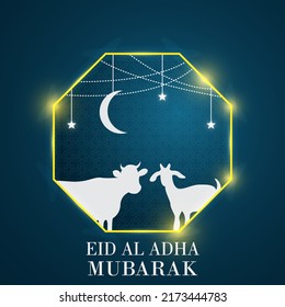 Idul Adha Mubarak, with a blue background, muslim community, Vector Ilustrator