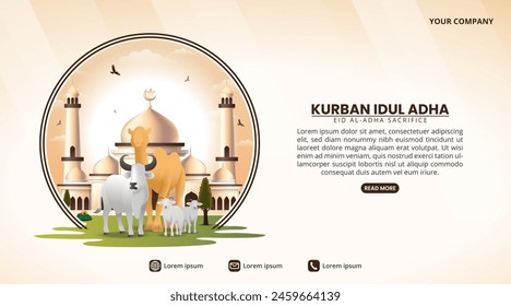 Idul Adha Sacrifice or Eid Al Adha Sacrifice background with animals and mosque