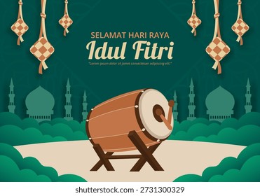 Idul Fitri diseño de fondo festivo con bedug tambor y silueta de la mezquita y Ketupat
