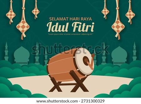 Idul Fitri festive background design featuring bedug drum and mosque silhouette and Ketupat