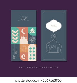 Idul Fitri, Lebaran, Ramadan Kareem money envelope template design. Eid Mubarak envelope for the traditional Muslim holiday with symbols like lamp, mosque, and crescent for a joyful celebration.