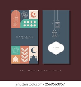 Idul Fitri, Lebaran, Ramadan Kareem money envelope template design. Eid Mubarak envelope for the traditional Muslim holiday with symbols like lamp, mosque, and crescent for a joyful celebration.