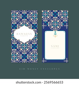 Idul Fitri, Lebaran, Ramadan Kareem money envelope template design. Eid Mubarak moroccan pattern, traditional Muslim holiday with symbols like lamp, mosque, and crescent for a joyful celebration.