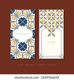 Idul Fitri, Lebaran, Ramadan Kareem money envelope template design. Eid Mubarak moroccan pattern, traditional Muslim holiday with symbols like lamp, mosque, and crescent for a joyful celebration.