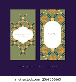 Idul Fitri, Lebaran, Ramadan Kareem money envelope template design. Eid Mubarak moroccan pattern, traditional Muslim holiday with symbols like lamp, mosque, and crescent for a joyful celebration.