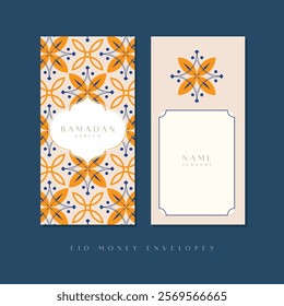 Idul Fitri, Lebaran, Ramadan Kareem money envelope template design. Eid Mubarak moroccan pattern, traditional Muslim holiday with symbols like lamp, mosque, and crescent for a joyful celebration.