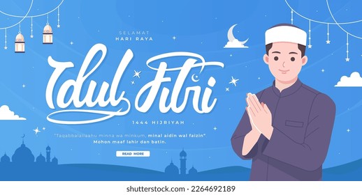 idul fitri means indonesian happy eid mubarak concept banner