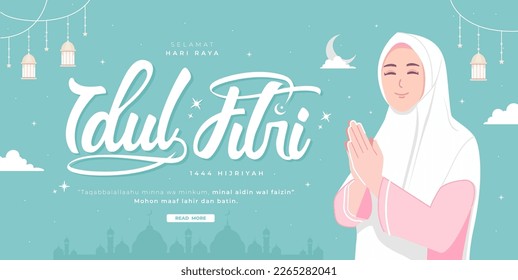 idul fitri means indonesian happy eid mubarak concept banner