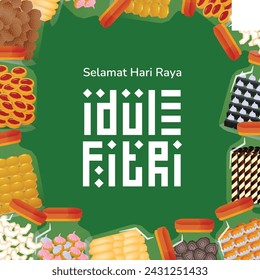 Idul Fitri Tipografía estilo árabe con ilustración tradicional de la torta