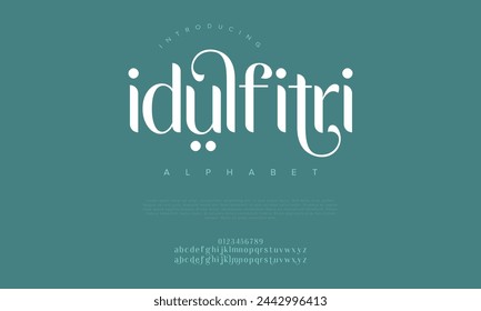 Idulfitri Premium Luxus Arabische Alphabet Buchstaben und Zahlen. Elegante islamische Typografie Ramadan Hochzeit Serif Schriftart dekorative Vintage. Kreative Vektorgrafik