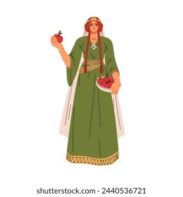 Idun goddess, Norse Scandinavian mythology. Old Germanic pagan woman deity of youth. Mythical female character, Ydun with apples. Flat graphic vector illustration isolated on white background