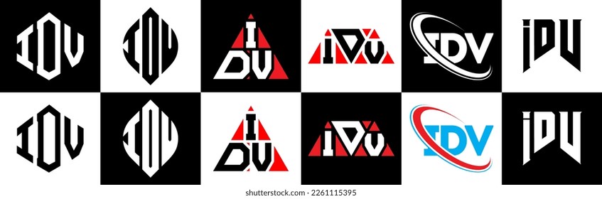 IDV letter logo design in six style. IDV polygon, circle, triangle, hexagon, flat and simple style with black and white color variation letter logo set in one artboard. IDV minimalist and classic logo