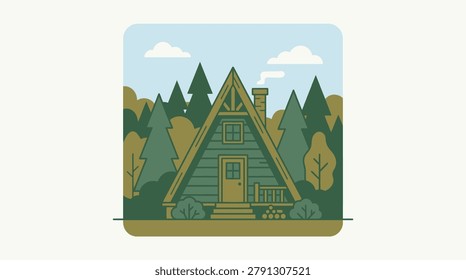 Idyllic A-frame cabin surrounded by dense forest under cloudy sky