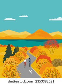 Idyllic autumn Fall countryside serene vector landscape. Couple riding bicycles enjoy Fall season colorful forest, mounts scenic scenery background. Autumnal weekend holiday tourist trips illustration